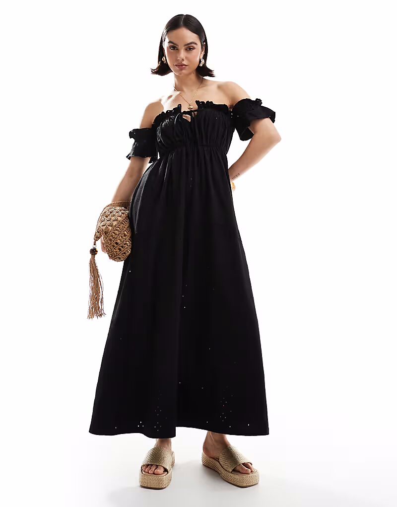 

Платье макси с оборками и вышивкой ASOS DESIGN черного цвета