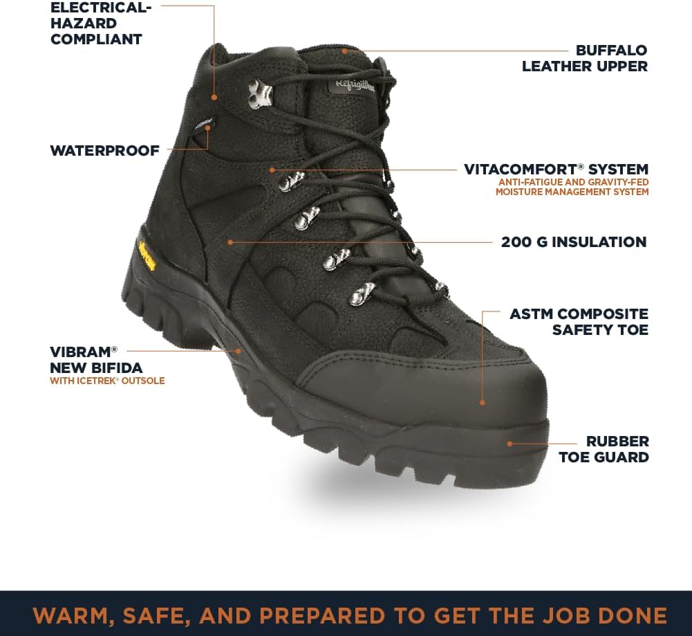 Мужские ботинки RefrigiWear EnduraMax водонепроницаемые утепленные из кожи, с подошвой Vibram и композитным защитным носком, черный — фото 3