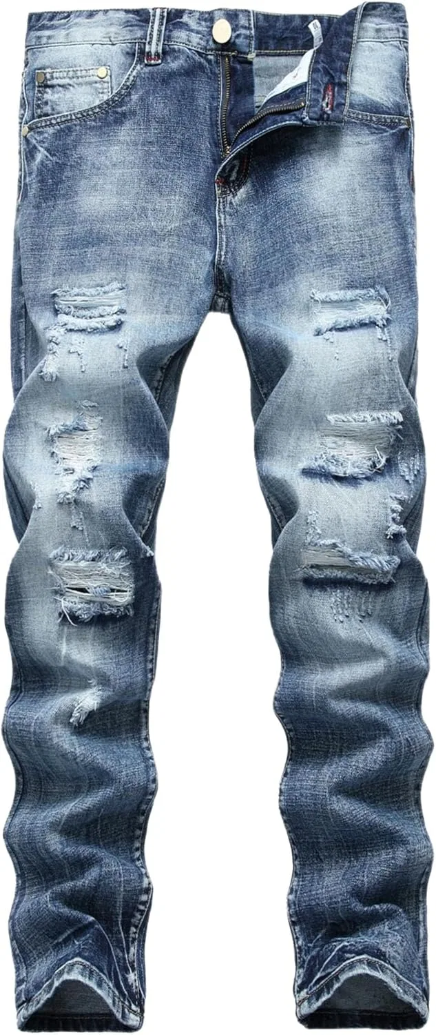 Джинсы прямые рваные, Slim Fit, Синие