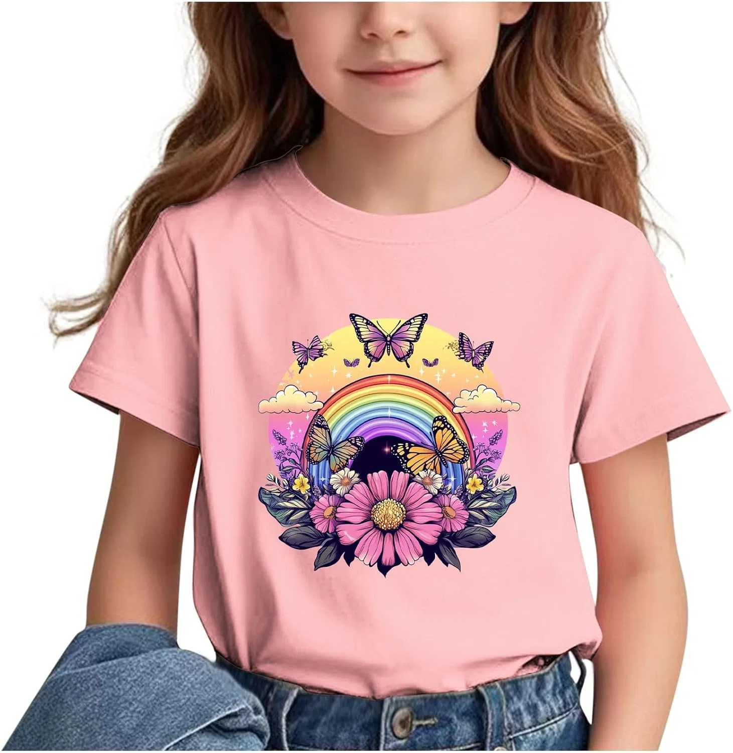 Футболка с коротким рукавом для девочек Rainbow Butterfly, Zzalalana, розовая