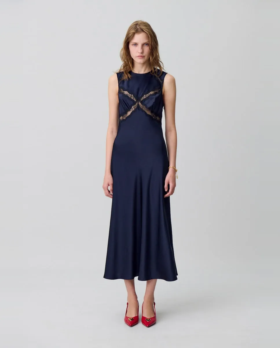 

Длинное атласное платье с кружевом Claudie Pierlot, темно-синий