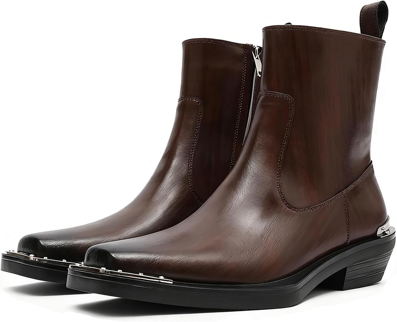 

Мужские кожаные челси с массивным каблуком, модная металлическая отделка, квадратный носок, боковая молния, деловые и повседневные ботинки, удобные короткие ботинки Enoegmsd, коричневый