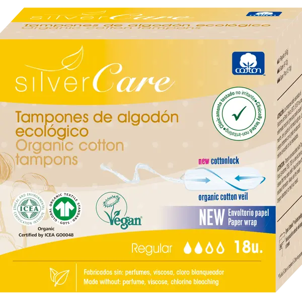 

Тампоны гигиенические обычные хлопковые, 18 шт./1 упаковка. Silvercare Organic