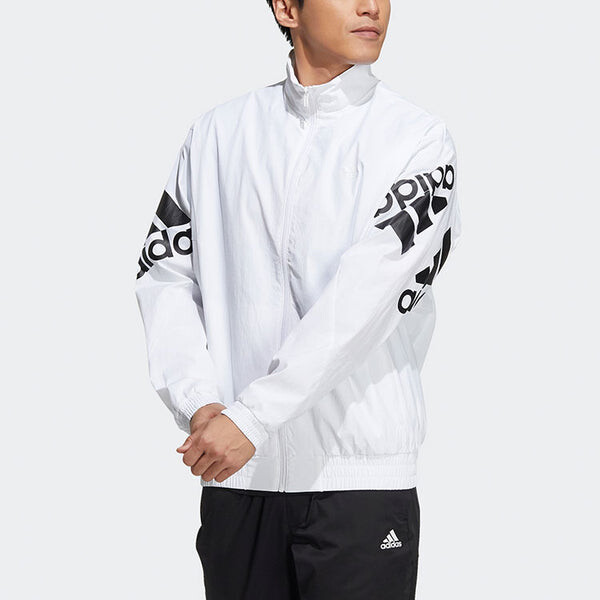 Куртка contrasting colors large logo zipper cardigan stand collar long sleeves jacket white Adidas, белый — фото 2