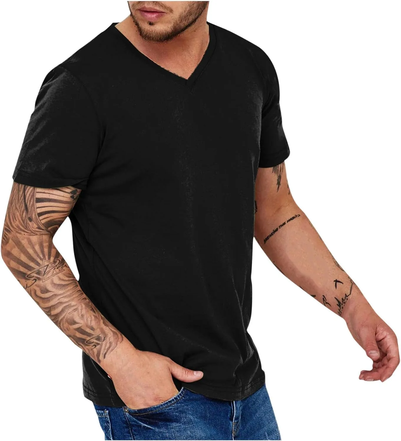 

Футболка мужская V-образный вырез однотонная свободная с коротким рукавом