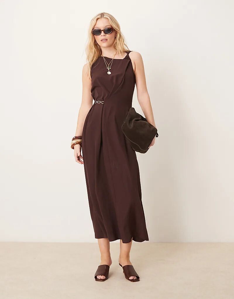 

Платье миди с драпировкой на перекрученных бретелях и золотой отделкой шоколадно-коричневого цвета ASOS DESIGN