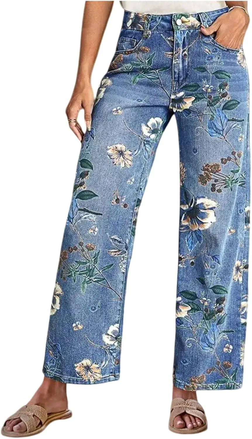 Джинсы с принтом, широкие, Light Blue