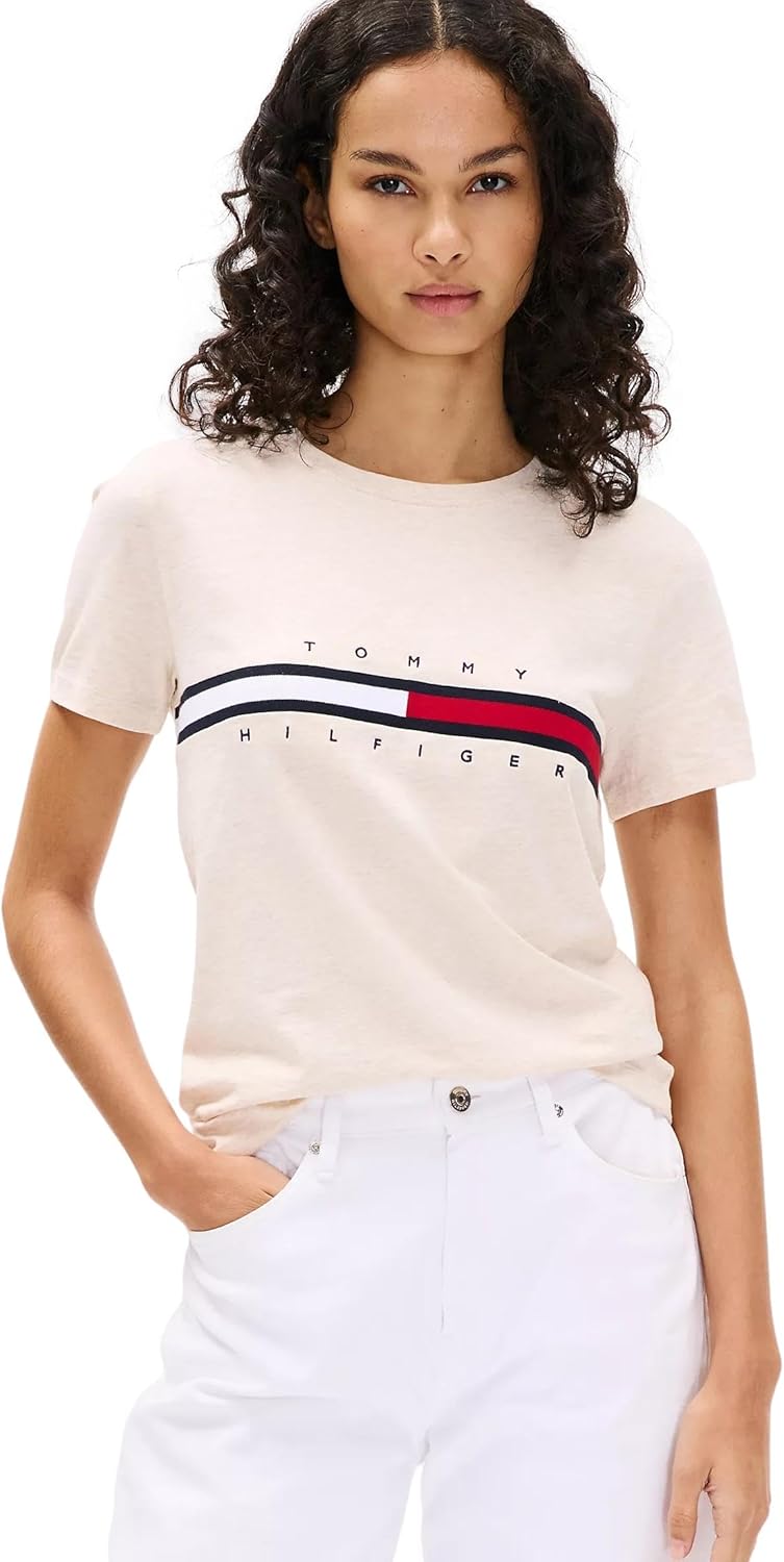 

Женская футболка с полосатым логотипом Tommy Hilfiger, Embroidered-Flag Beige Heather, Красный, Женская футболка с полосатым логотипом Tommy Hilfiger, Embroidered-Flag Beige Heather
