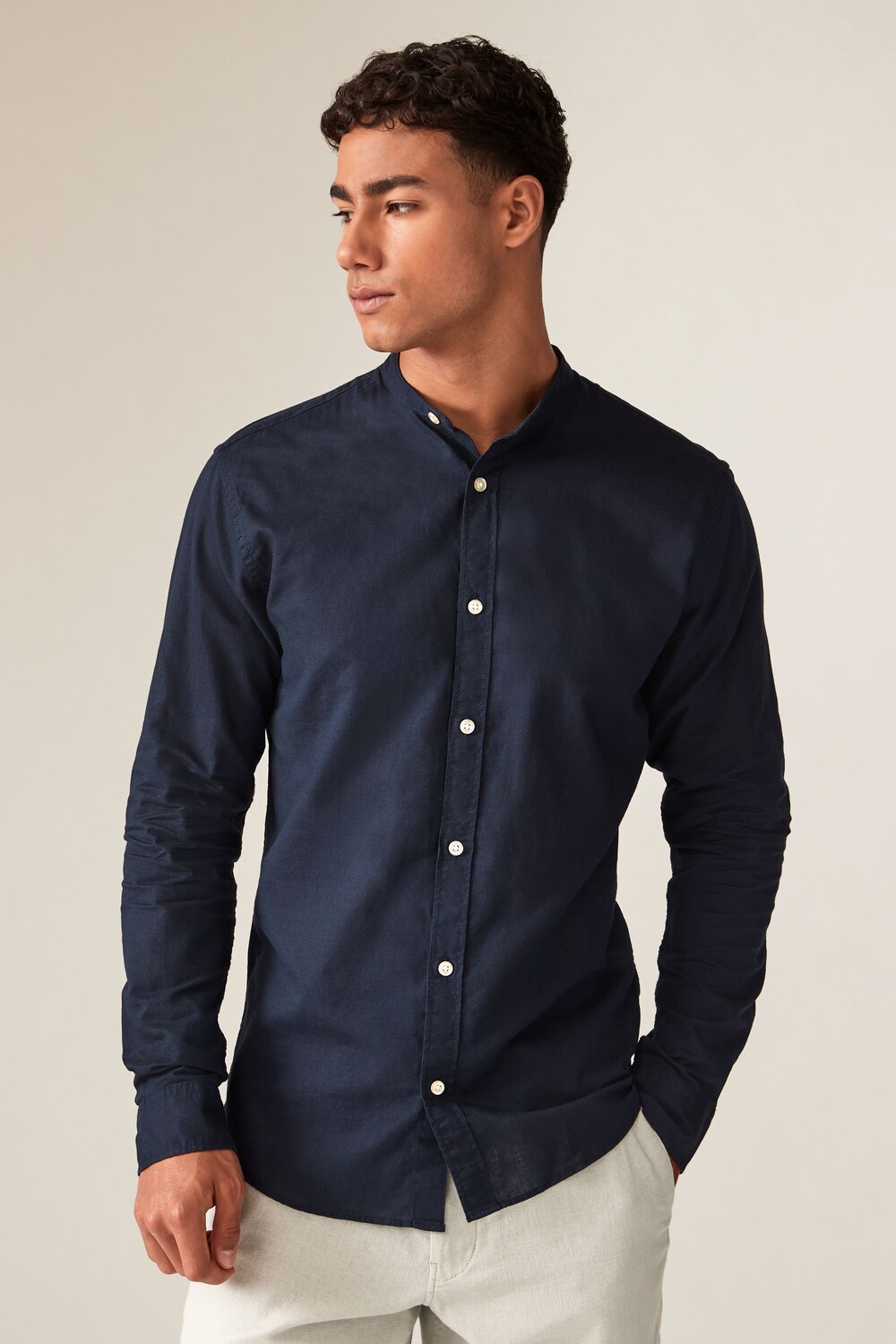

Льняная рубашка с длинными рукавами и воротником стойкой Jack & Jones, синий