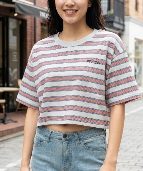 

Футболка с коротким рукавом, кроп, в полоску RVCA, серый