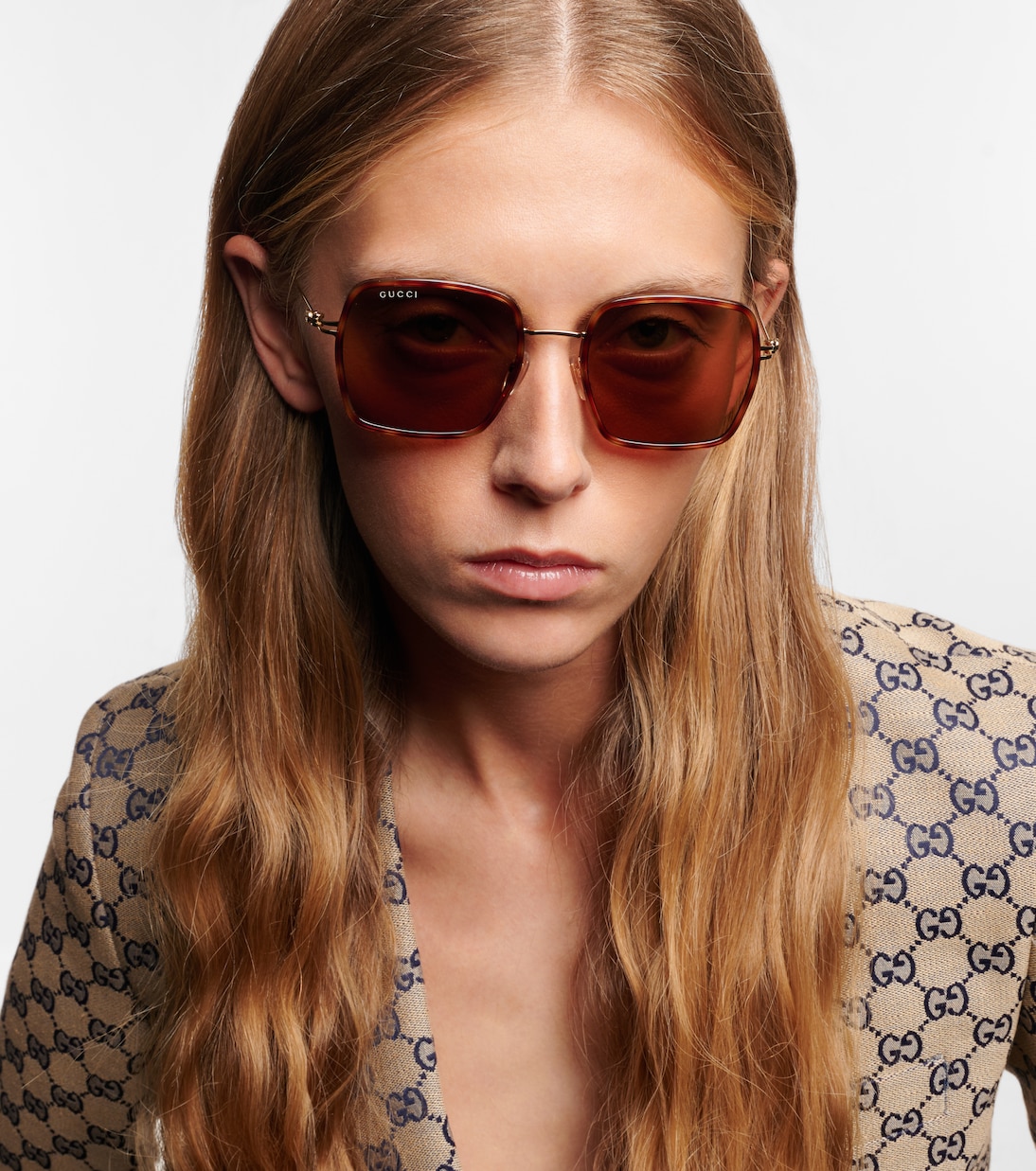 Квадратные солнцезащитные очки Logo Gucci, Havana-Gold-Green — фото 3