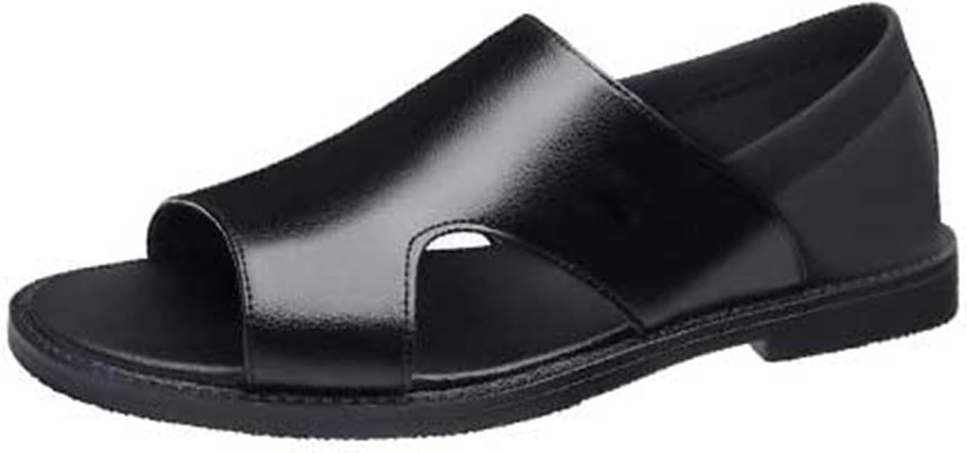 

Мужские кожаные сандалии с вырезами, скользящие, с плоской подошвой, удобные, с открытым носком, для улицы и пляжа, легкие, стиль рыбака Generic, черный