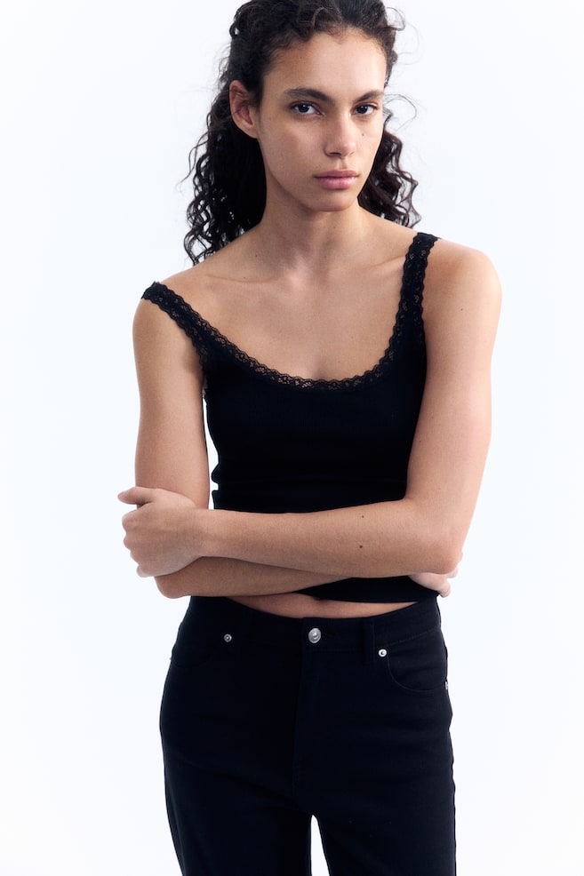 

Топ на бретелях с кружевной отделкой H&M, черный