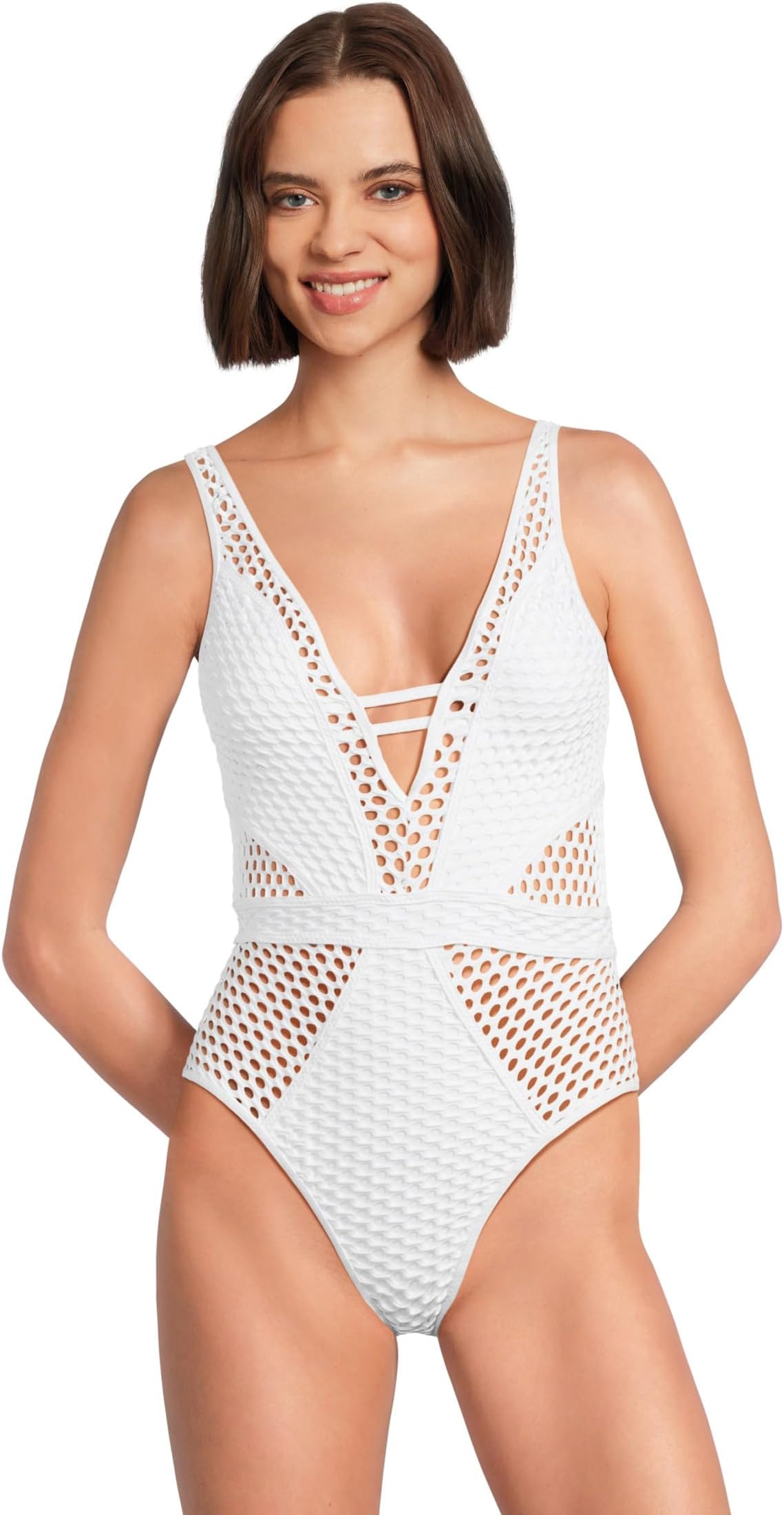 

Купальник BECCA Castaway Fishnet Texture Plunge One Piece, белый