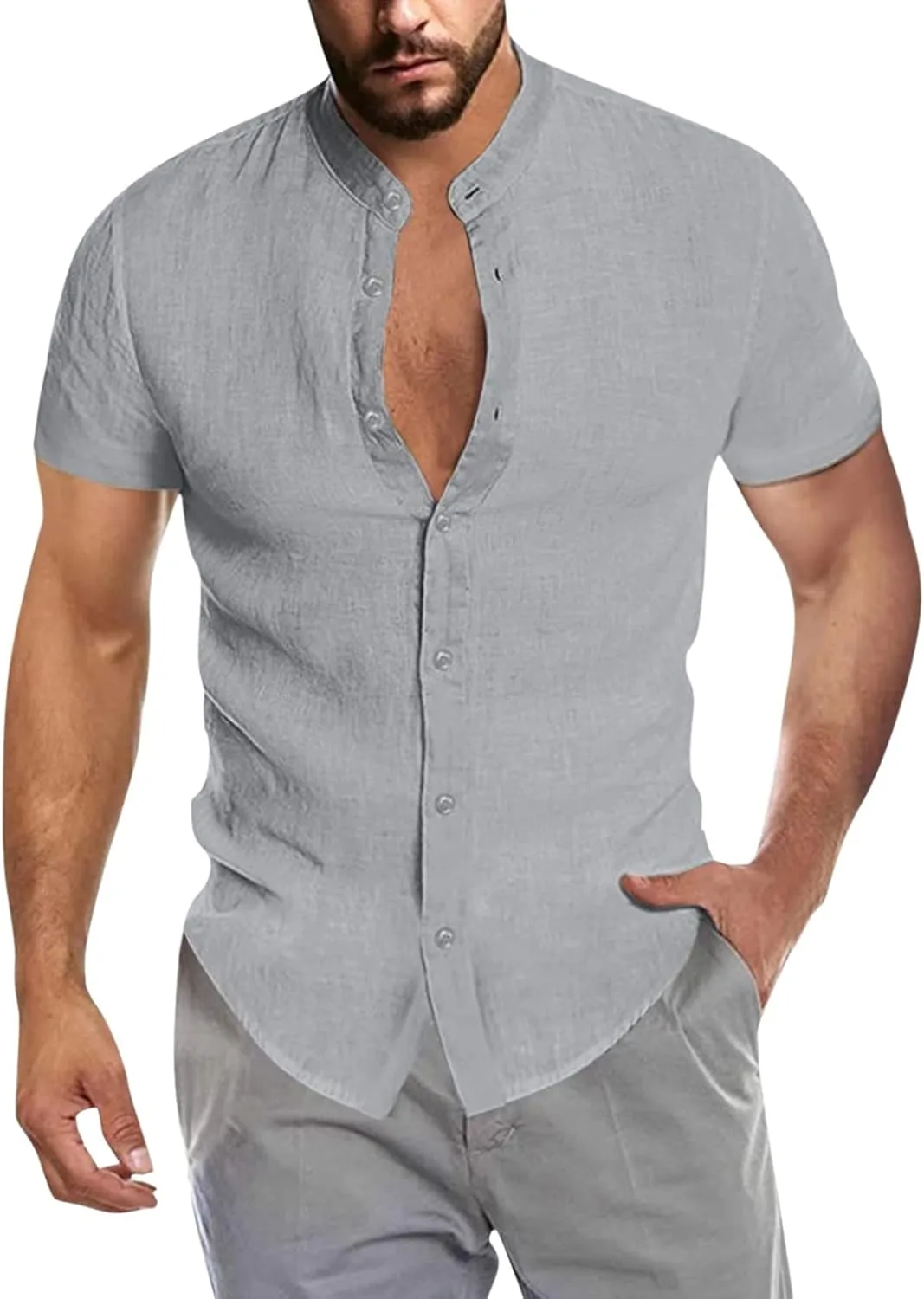 

Мужская рубашка с отложным воротником из хлопка и льна, короткий рукав, летняя
