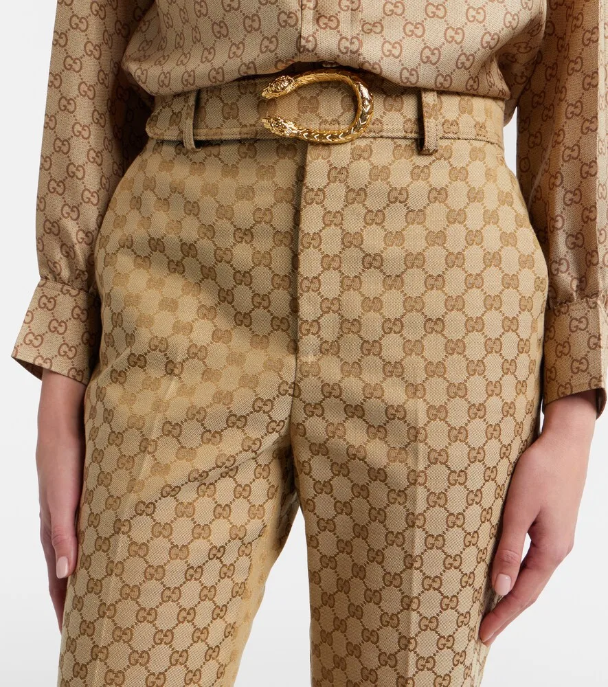 Брюки расклешенные Gucci GG Canvas, с кожаной подкладкой и золотой фурнитурой, бежевый — фото 4