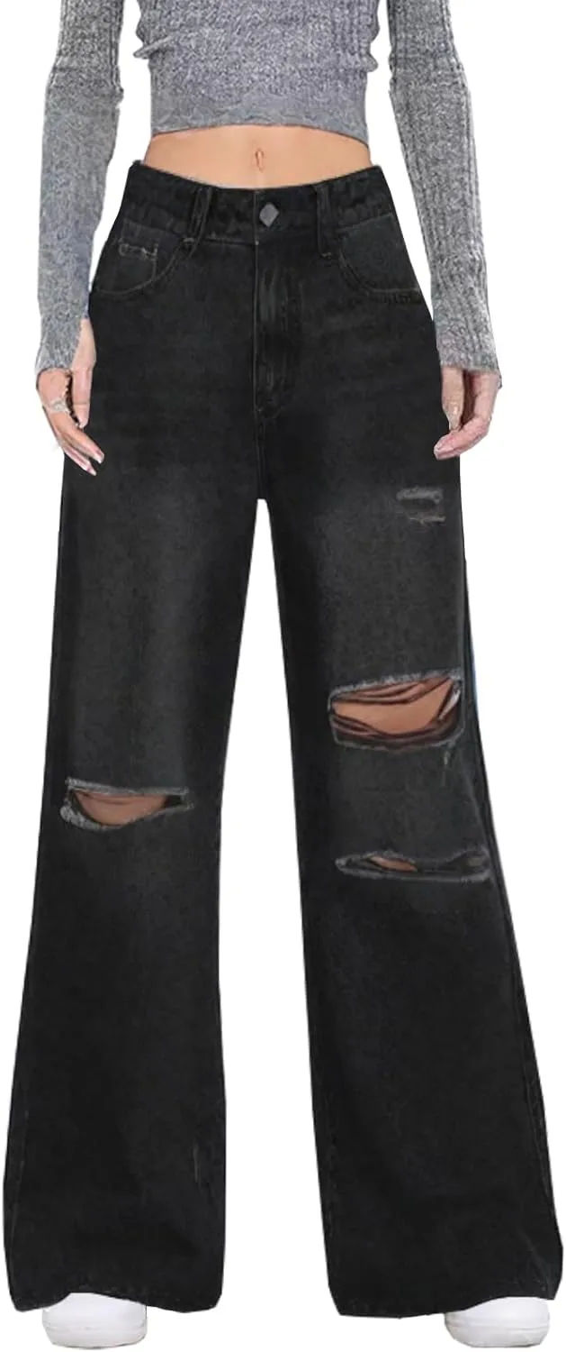 

Джинсы женские широкие distressed high waisted loose ripped boyfriend DLAYBGFA