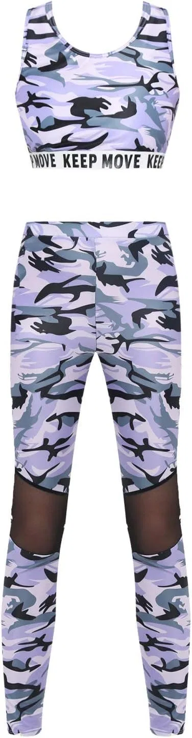 Детский спортивный комплект Moily, топ с принтом и леггинсы с сеткой, Camouflage Purple