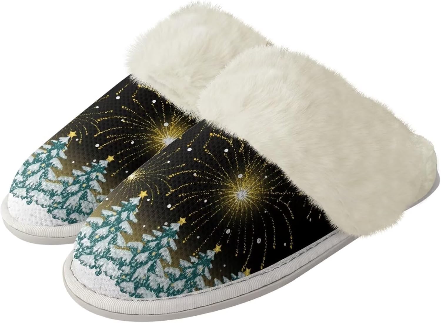 

Домашние тапочки Srengjodk Slip-On, фланелевые тапочки с меховой отделкой для женщин и мужчин, его и ее тапочки, размеры 36-47, Christmas Tree Print