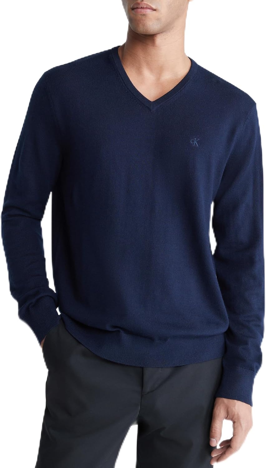 

Мужской свитер Calvin Klein из смеси тонкой мериносовой шерсти с V-образным вырезом, Dark Sapphire
