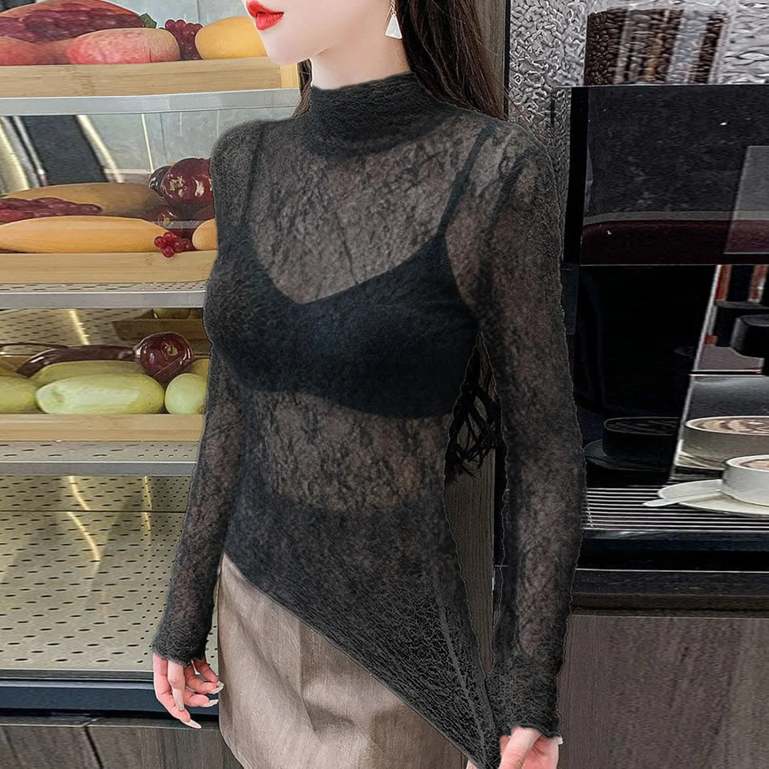 Блуза полупрозрачная с длинным рукавом, Sheer Inner Top, черный — фото 3