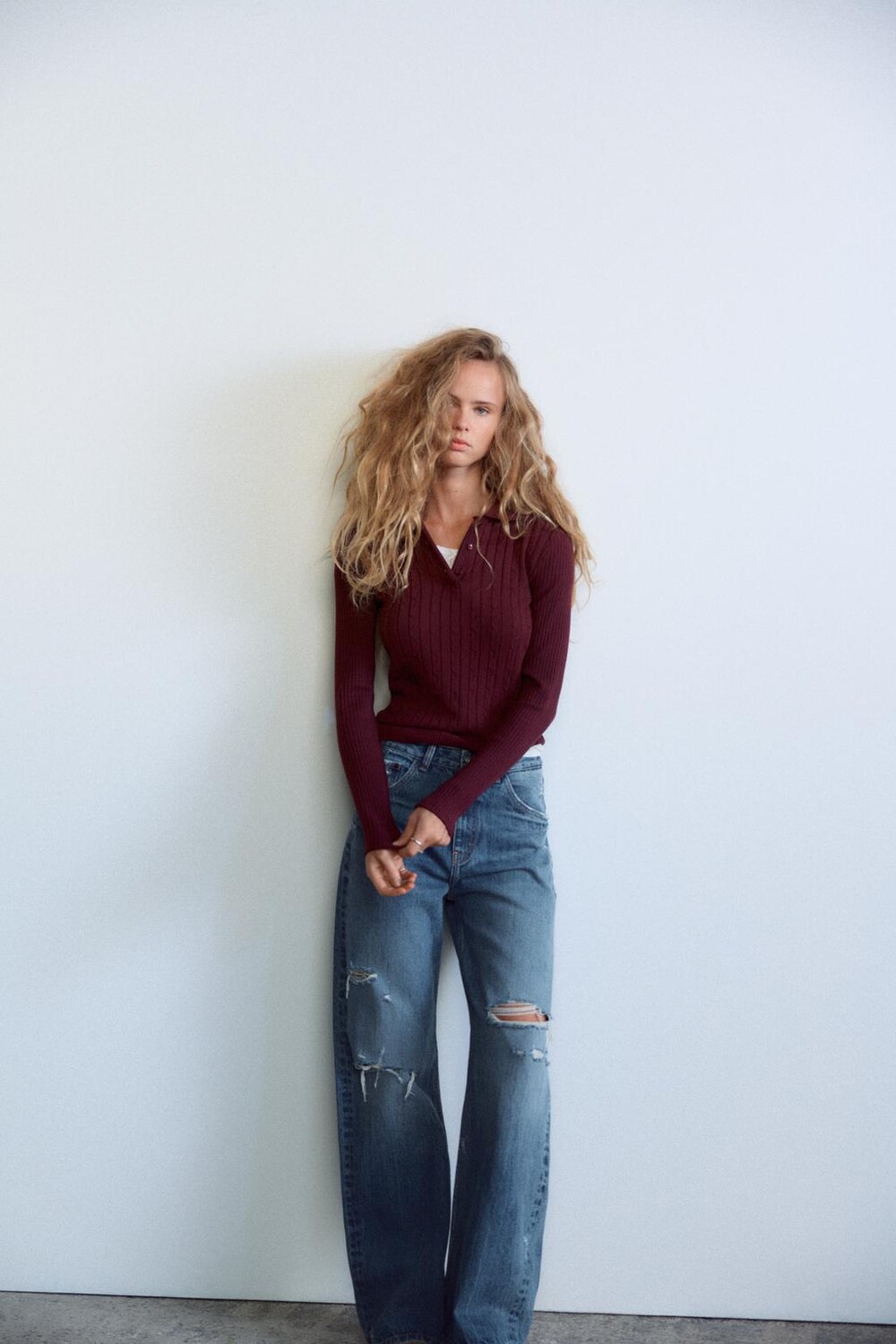 

Топ-поло с кабельной вязкой ZARA, темно-бордовый