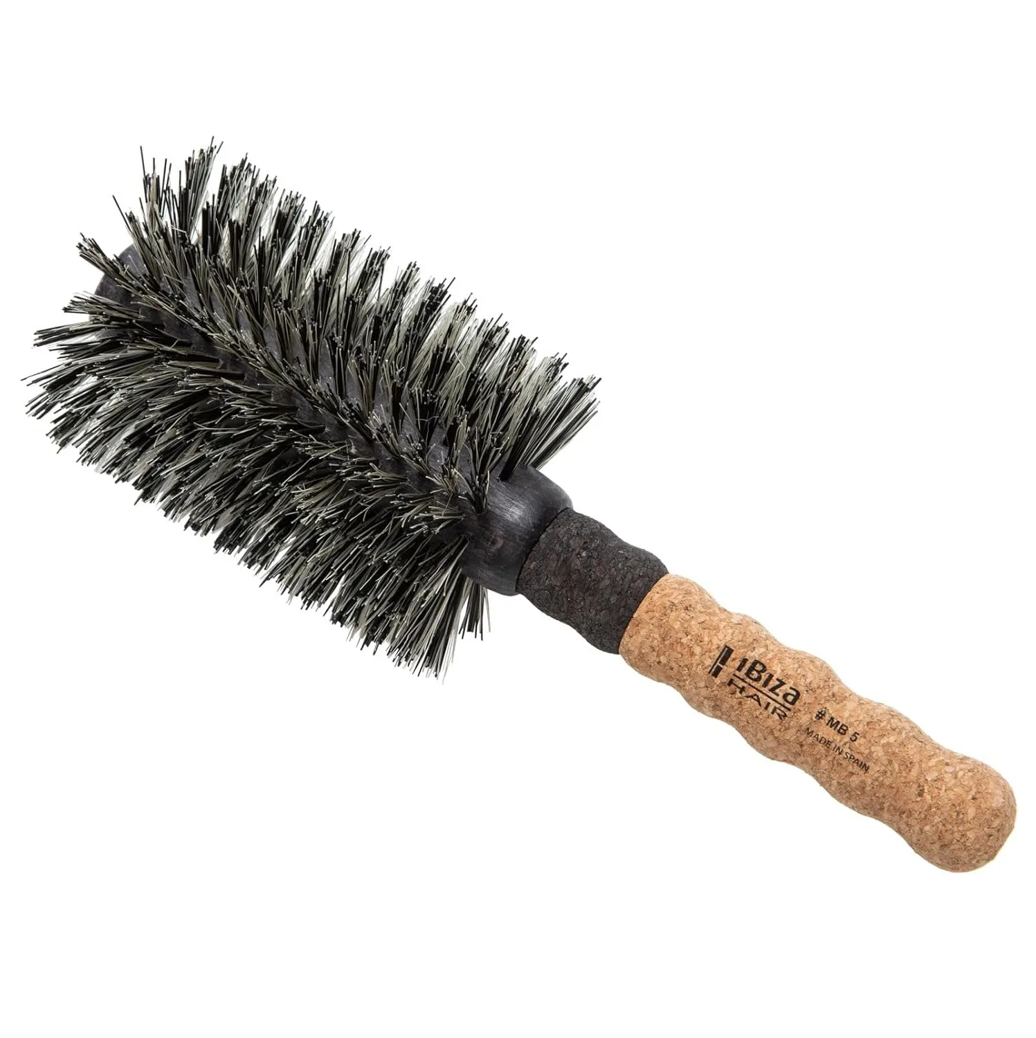 Круглая щетка Ibiza Hair из щетины кабана (серия MB) с усиленной щетиной из кабана и нейлона и пробковой ручкой для больших прядей, тугих локонов или мягких волн, добавляет текстуру и блеск для всех типов волос MB5, 80 мм, Black