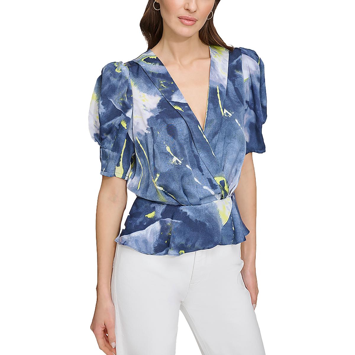 

Женский топ с баской и подплечниками из сатина DKNY, цвет fluro yellow/inky blue multi