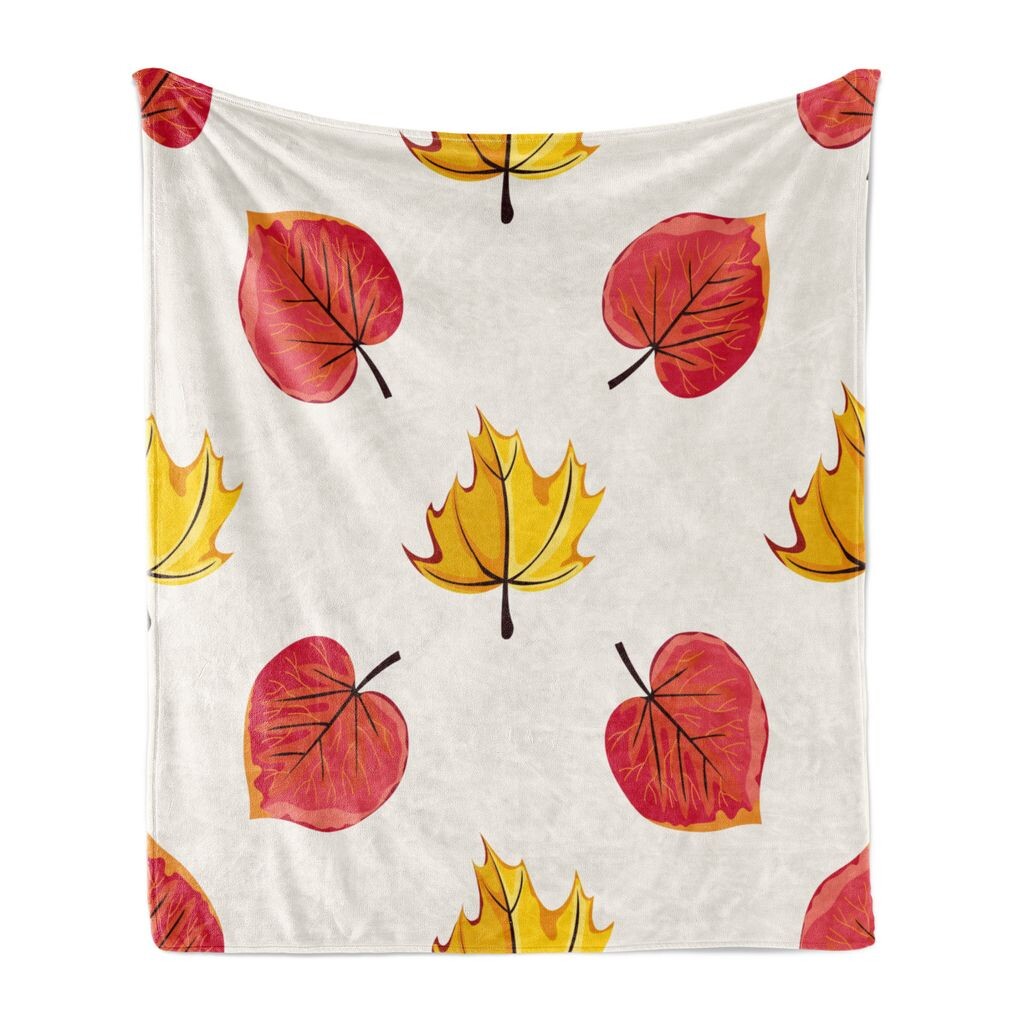 

ABAKUHAUS Autumn Leaves Мягкое фланелевое флисовое одеяло, графические формы листьев в стиле дудл, 175 x 230 см, цвет Белая горчица, Темно-коралловый цвет, белый
