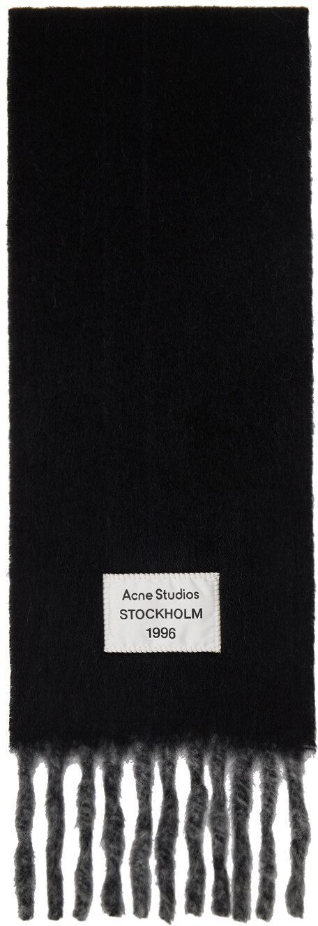 

Шарф с бахромой и логотипом черного и серого цвета Acne Studios, черный/серый