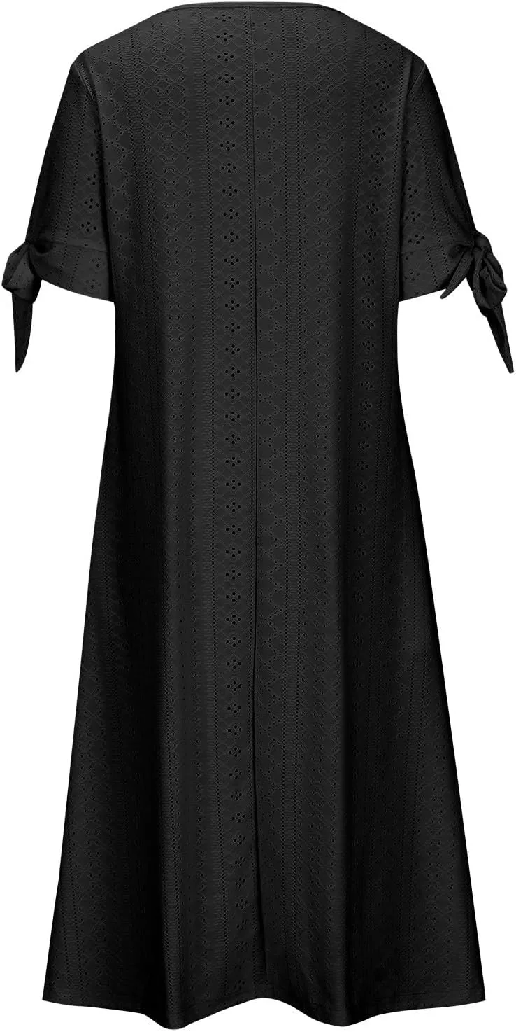 Generic Летнее платье Women Fashion 2025 с V-образным вырезом и ажурной вставкой, короткое льняное дышащее платье для отпуска и прогулок на солнце, цвет Black — фото 3