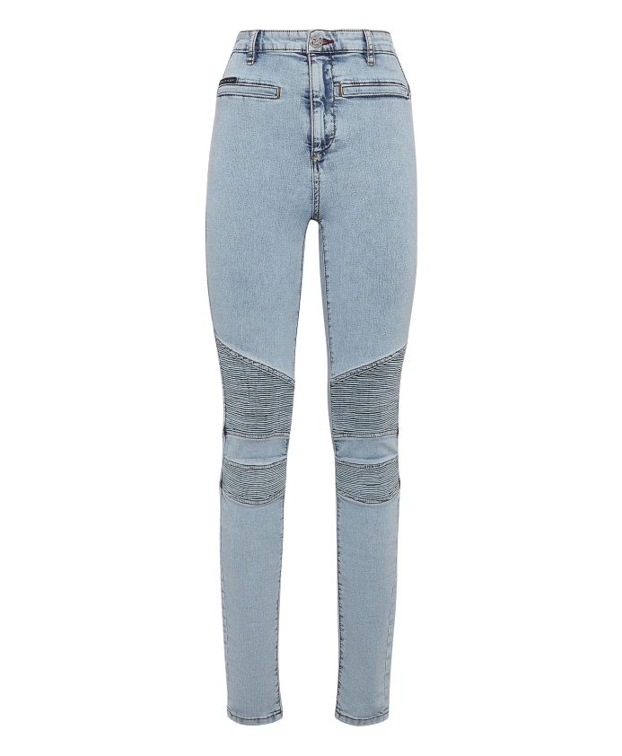 

Джинсы с высокой талией, байкерские, культовый стиль, плейн Philipp Plein, синий