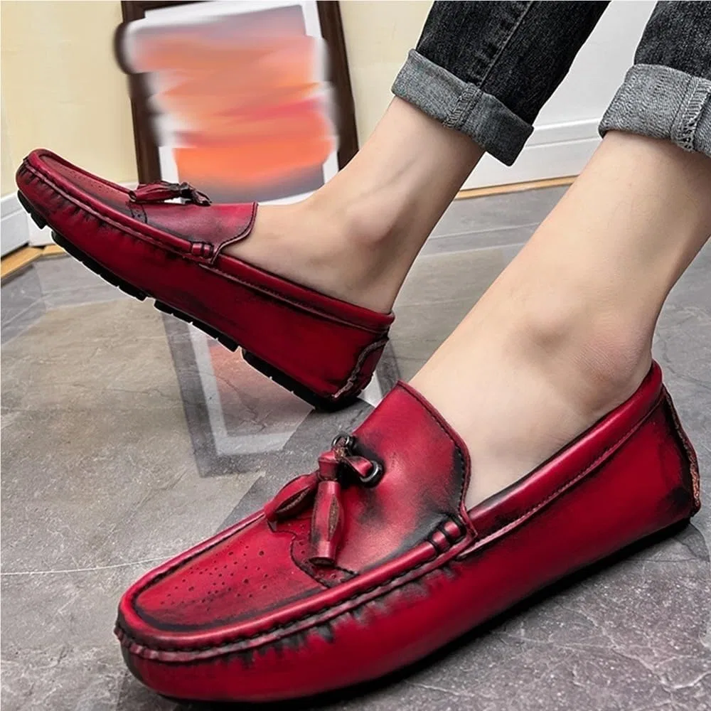 Лоферы с кисточкой мужские, Square Toe Brogue, красный DHFIRUFSHLO — фото 2
