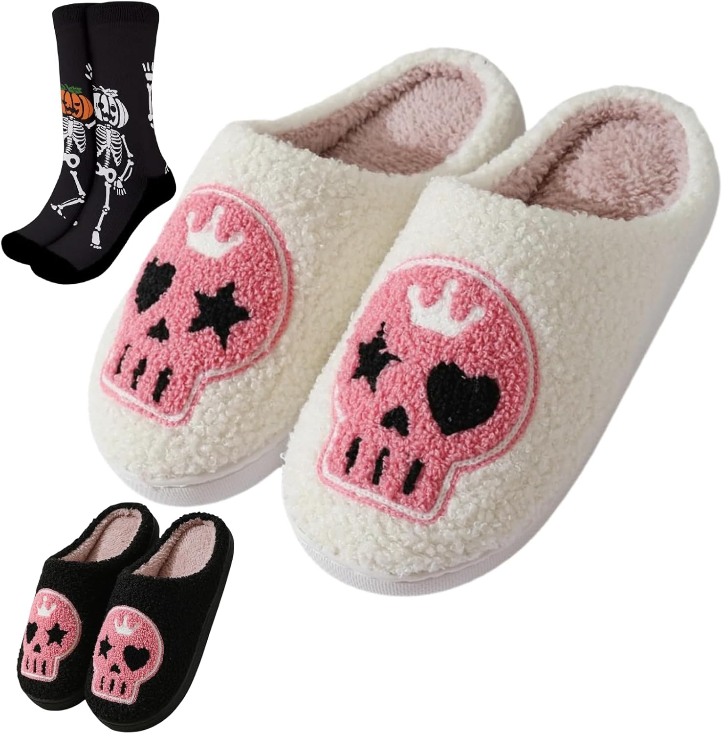 

Тапочки и носки с черепом на Хэллоуин для женщин и мужчин, милые теплые плюшевые мягкие домашние с рисунком, модные, с нескользящей подошвой Elirar, розовый