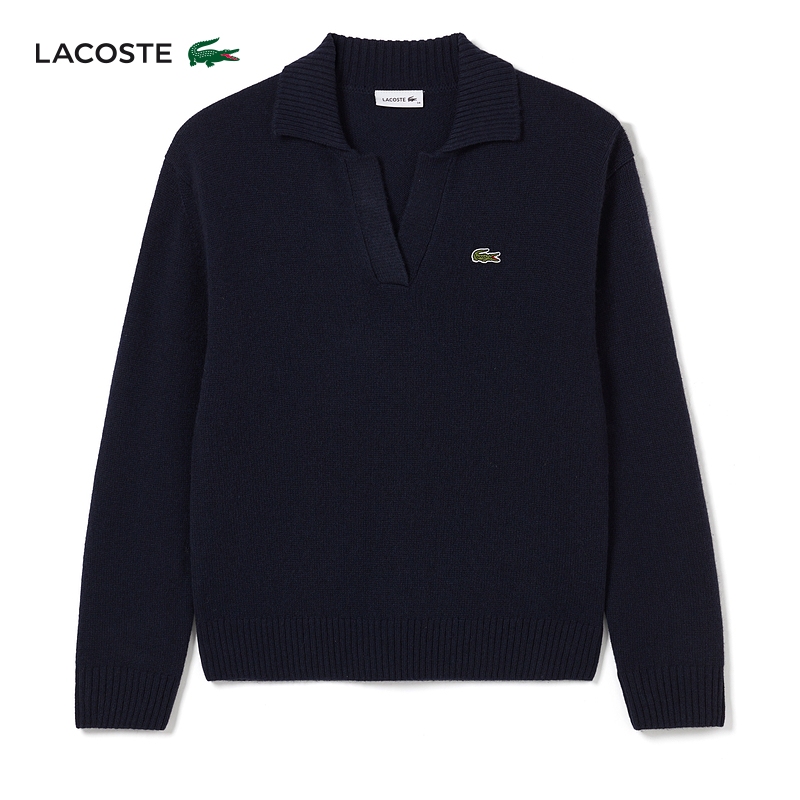 

Свитер кашемировый женский Lacoste с V-образным вырезом и лацканами, темно-синий