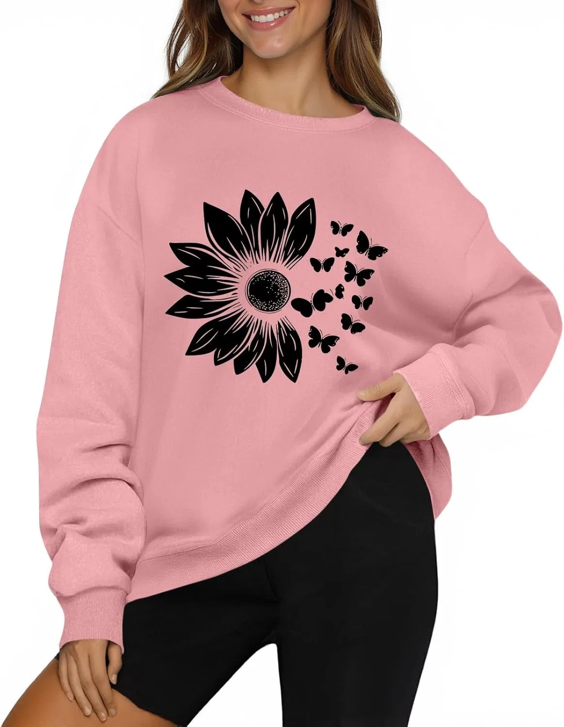 Женская толстовка с цветочным принтом, свободный крой, длинный рукав, 2-pink — фото 2