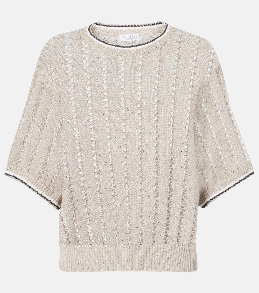 

Топ с пайетками из смесового льна с ажурной вязкой Brunello Cucinelli, Beige Freddo + Lignite + Panama