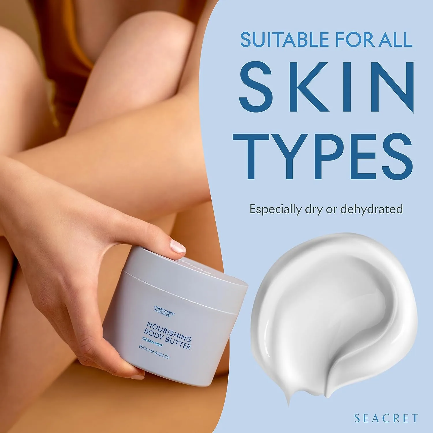 SEACRET Minerals Dead Sea Body Butter - ультранасыщенный увлажняющий крем для тела с маслом ши и кокосовым маслом для сухой кожи, быстро впитывается, нежирный с алоэ вера и витамином E, 250 мл — фото 3
