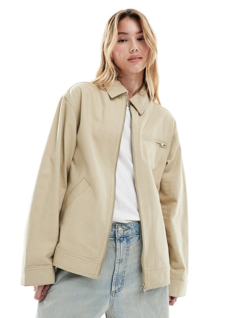 

ASOS DESIGN — саржевая куртка-рубашка Harrington каменно-бежевого цвета