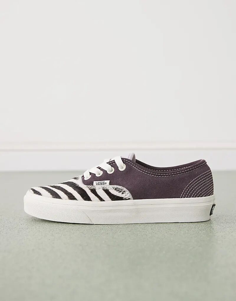 Кроссовки Vans Authentic в стиле панк черного цвета с принтом зебры и мехом пони — фото 2