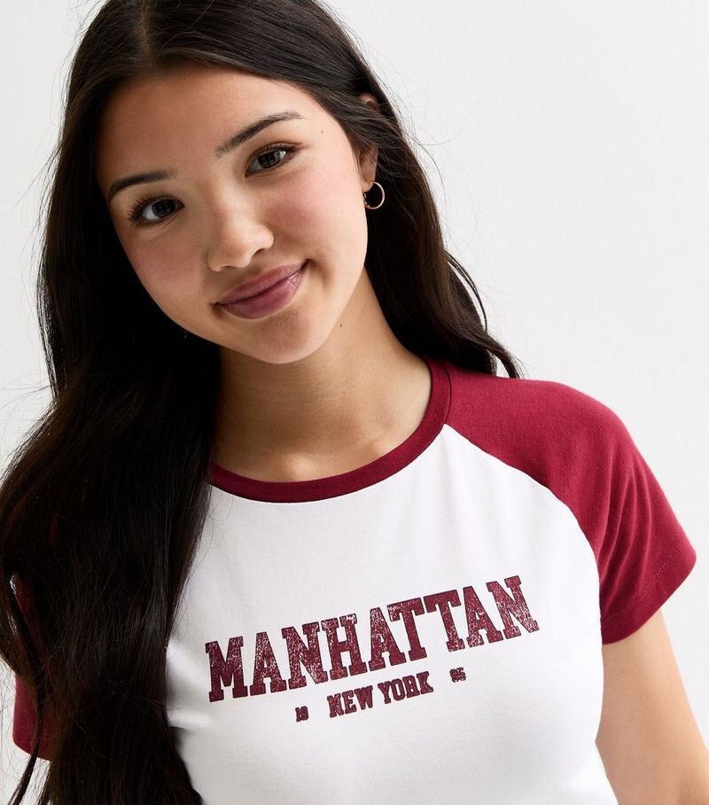 

Белая футболка реглан с надписью Manhattan для девочек New Look, белый