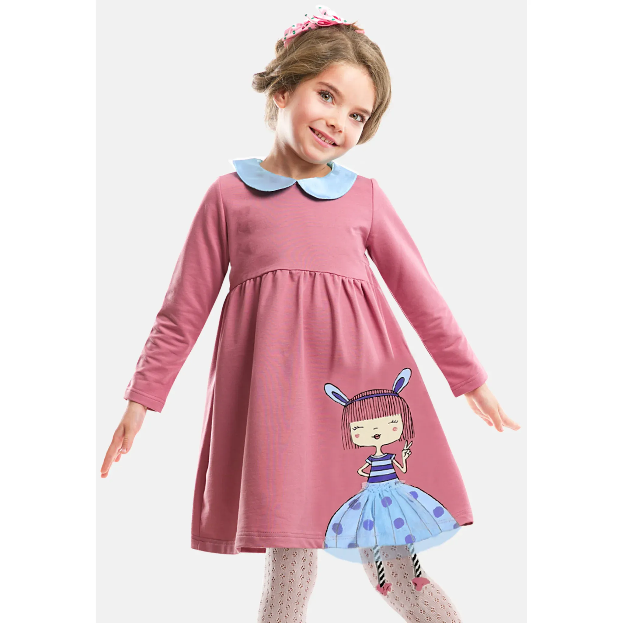 

Платье-рубашка Denokids «Hello Bunny», с детским воротником, розовый
