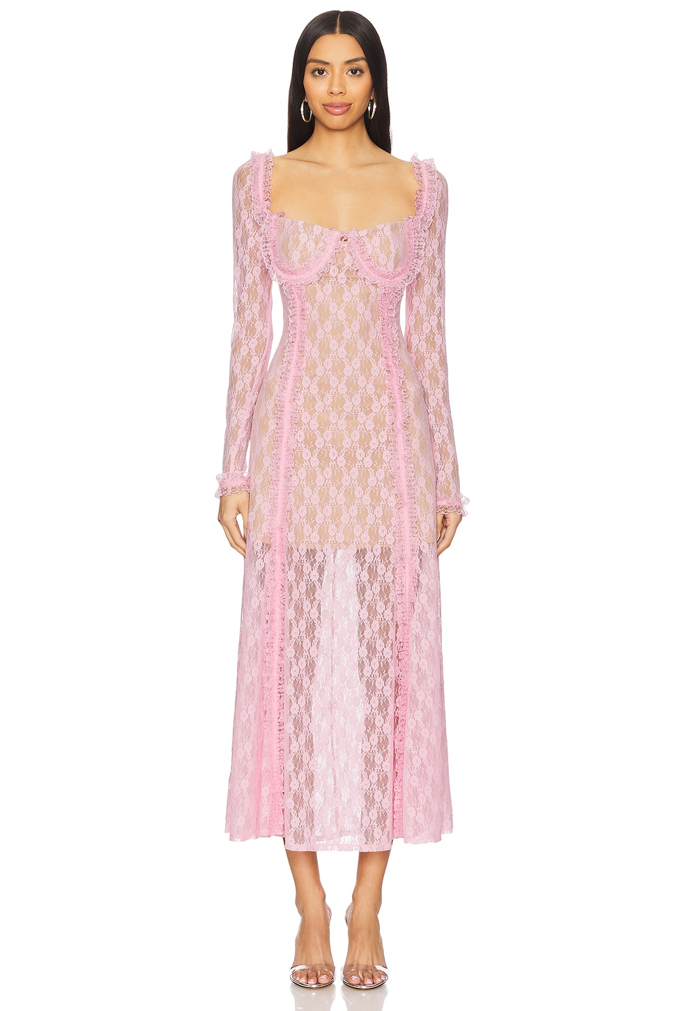 

Платье миди Self-Portrait X Christopher Kane с кружевной оборкой, pink
