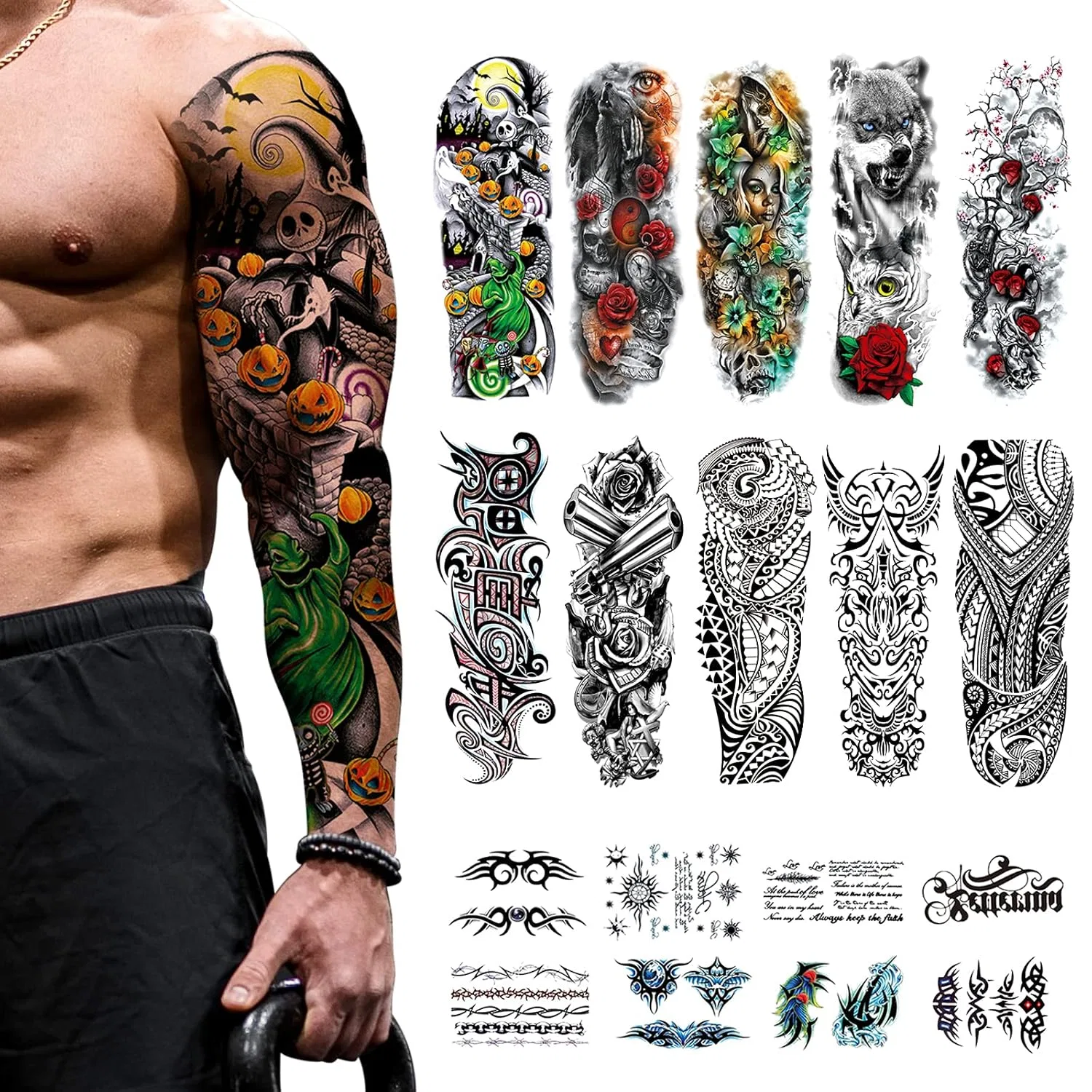 Набор временных татуировок для тела, 18 листов Cayuden, 10 Sheets Of Full Arm + 8 Sheets Of Half Arm Tattoos