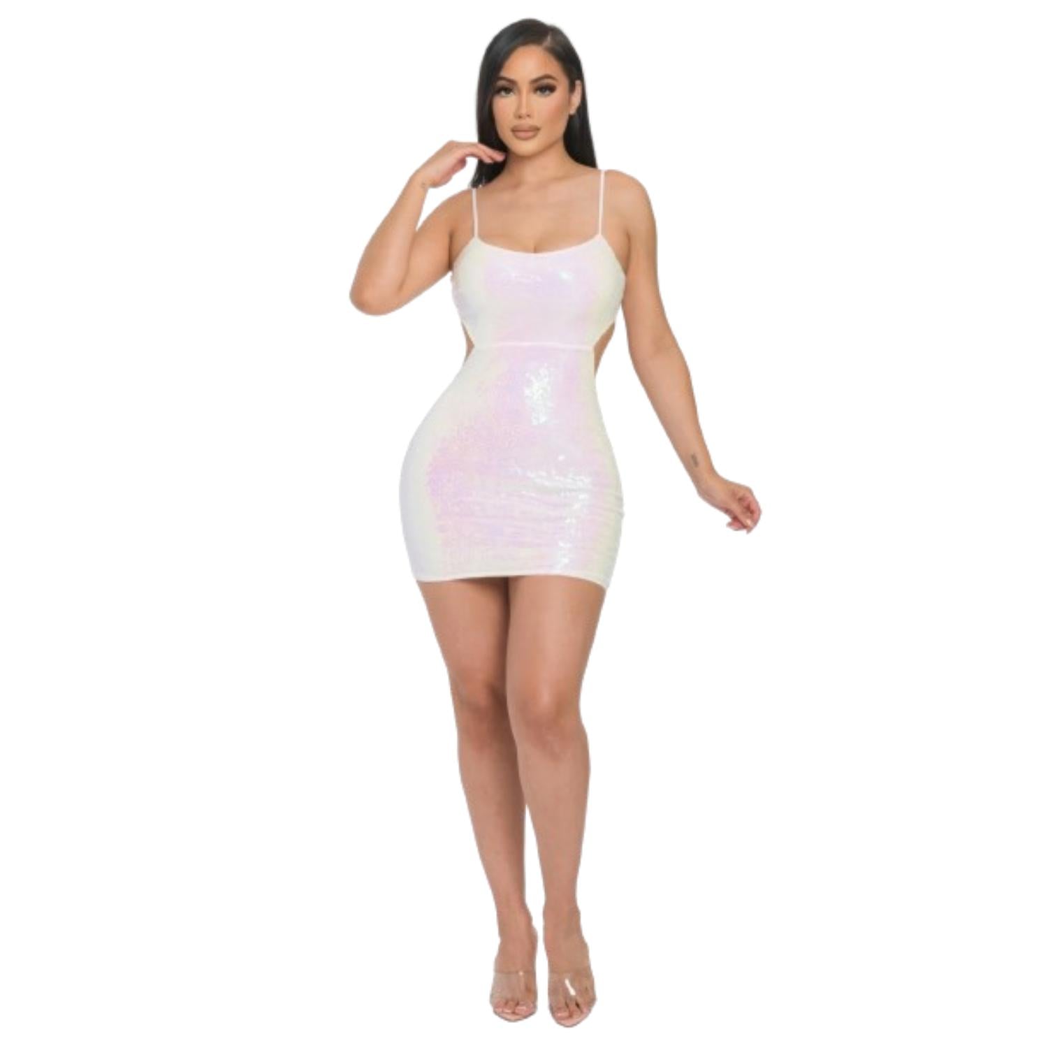 

Мини-платье с вырезом на спине и кружевом, расшитое пайетками FASHNZFAB, белый