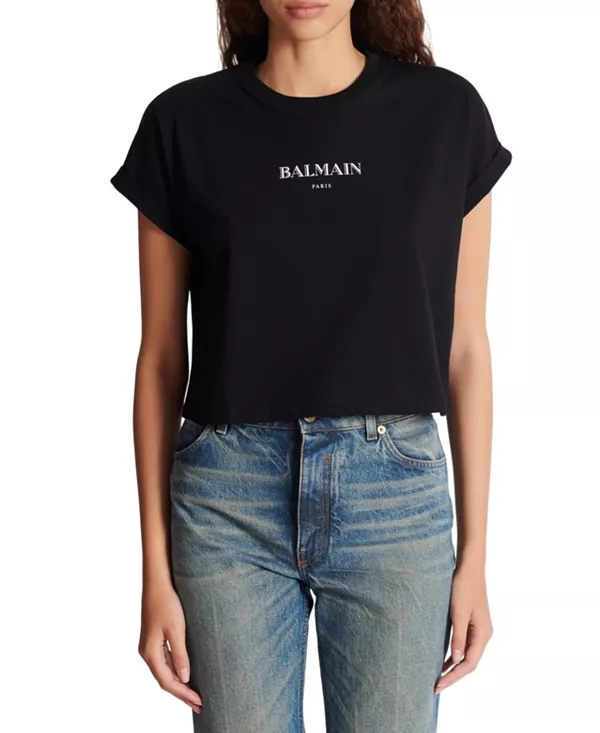 

Укороченная футболка с принтом Balmain. Balmain, черный