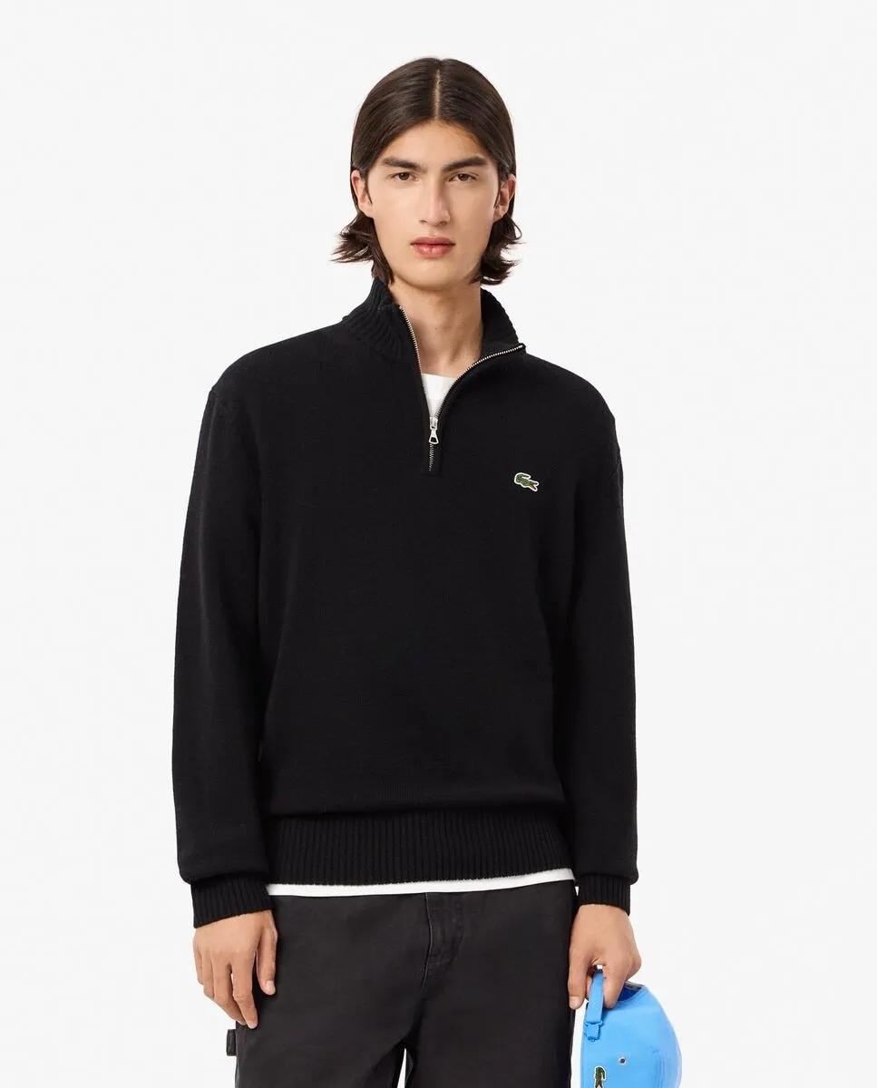 

Мужской свитер с высоким воротником из кардочной шерсти на молнии Lacoste, черный