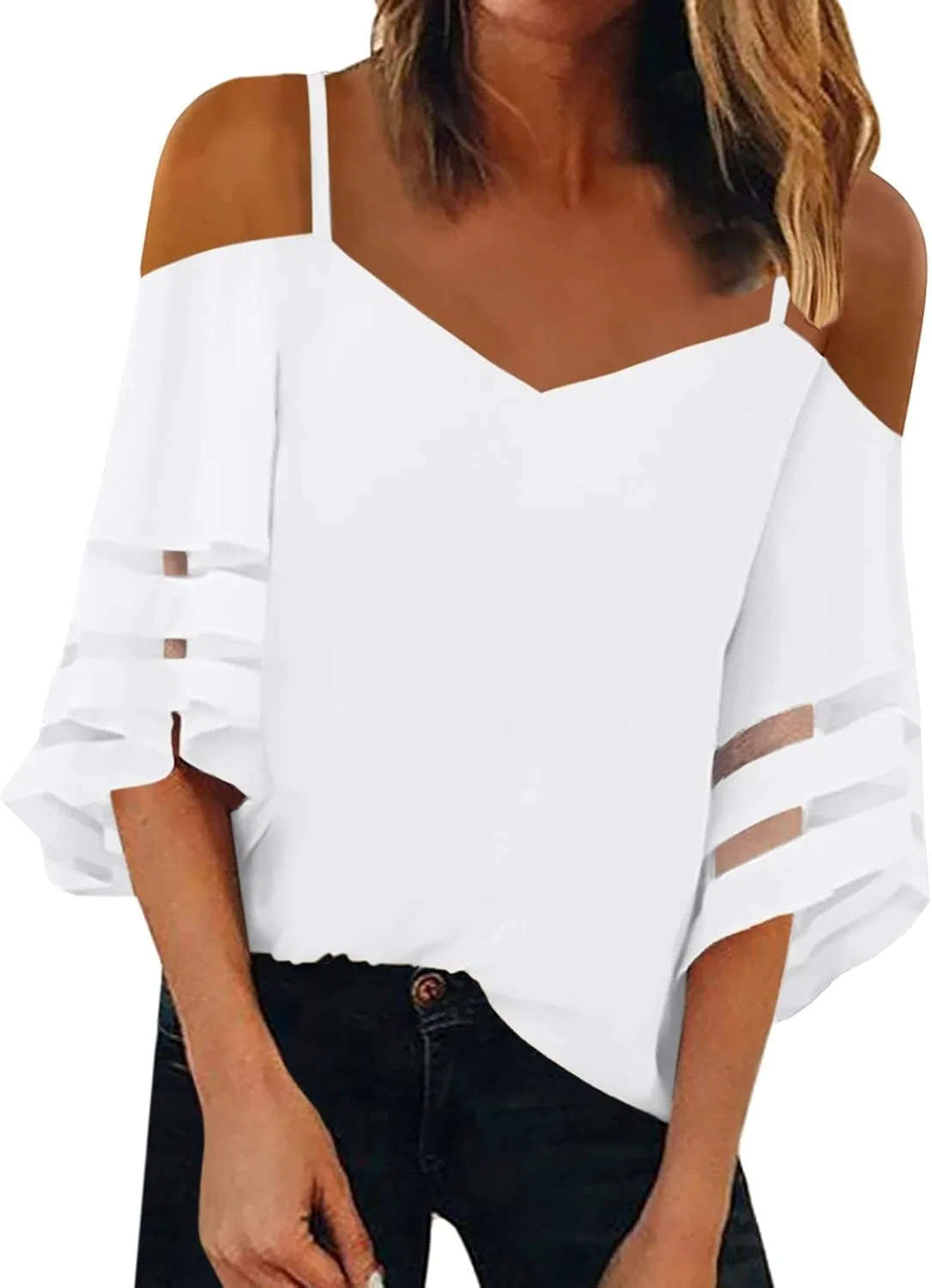 Блуза с кружевными рукавами, женская, Casual, белый