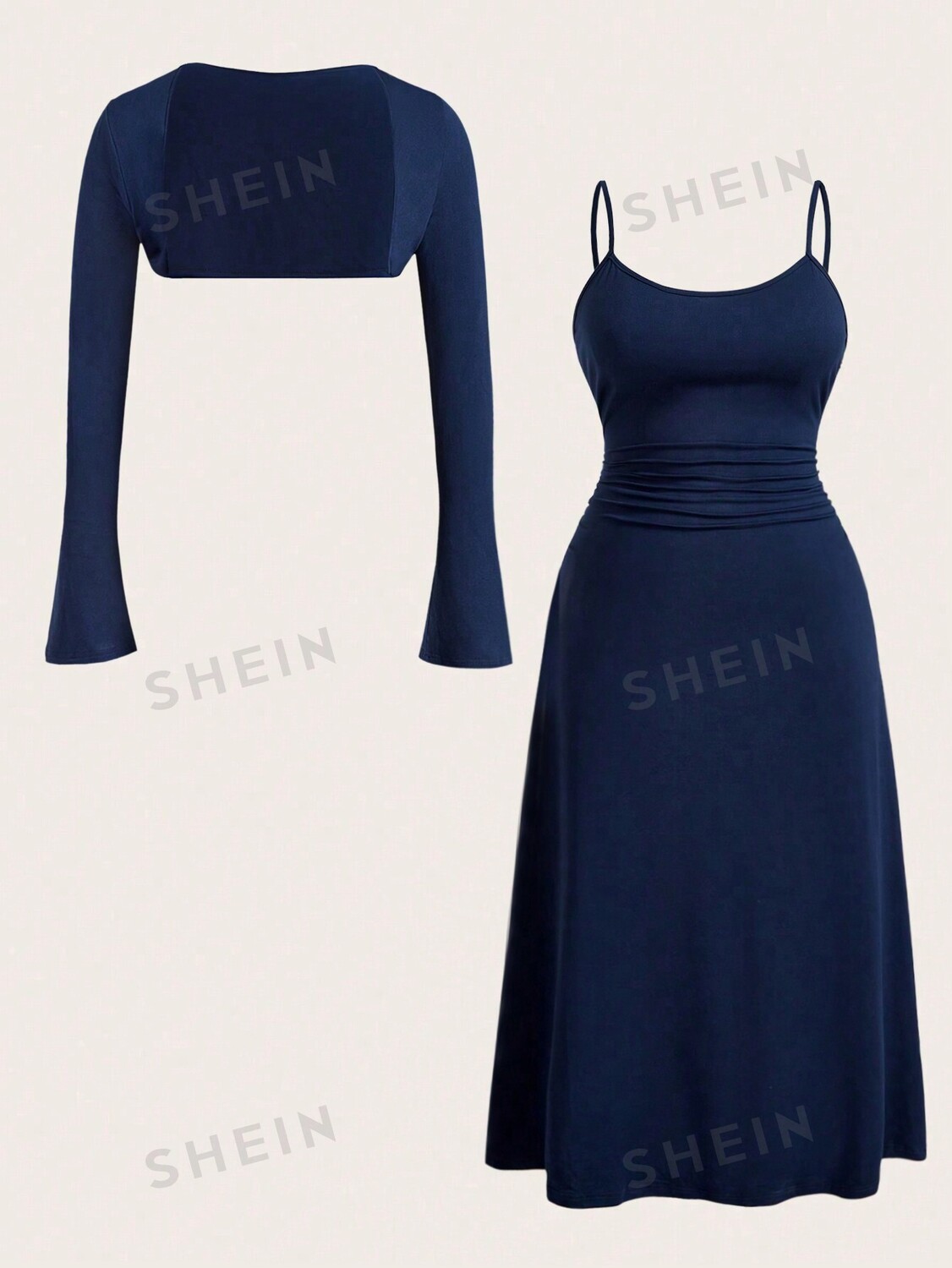

EZwear, Женский простой Однотонный повседневный топ с запахом и платьем-комбинацией больших размеров, Комплект из 2 предметов Shein, темно-синий