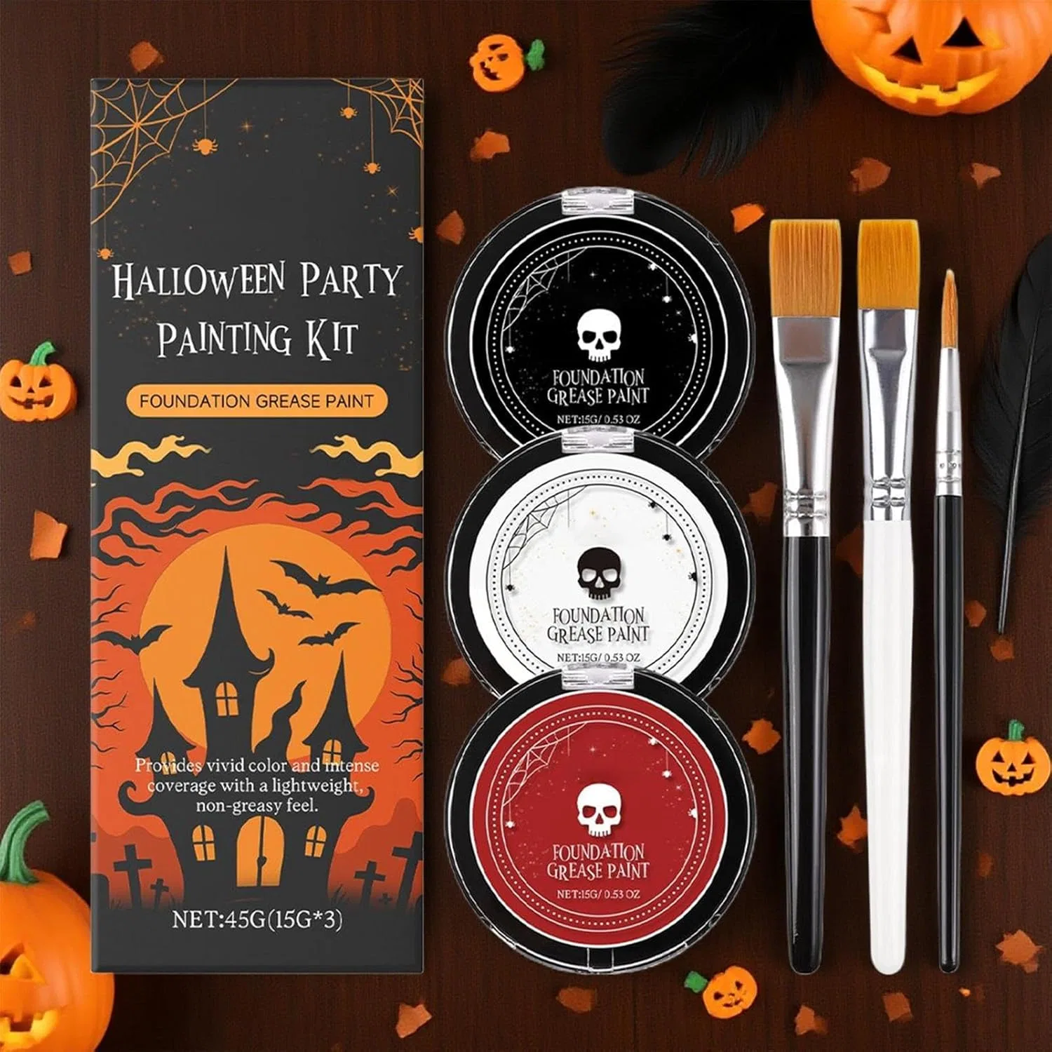 Набор для росписи лица и тела Halloween, черный и красный, с кистями — фото 3